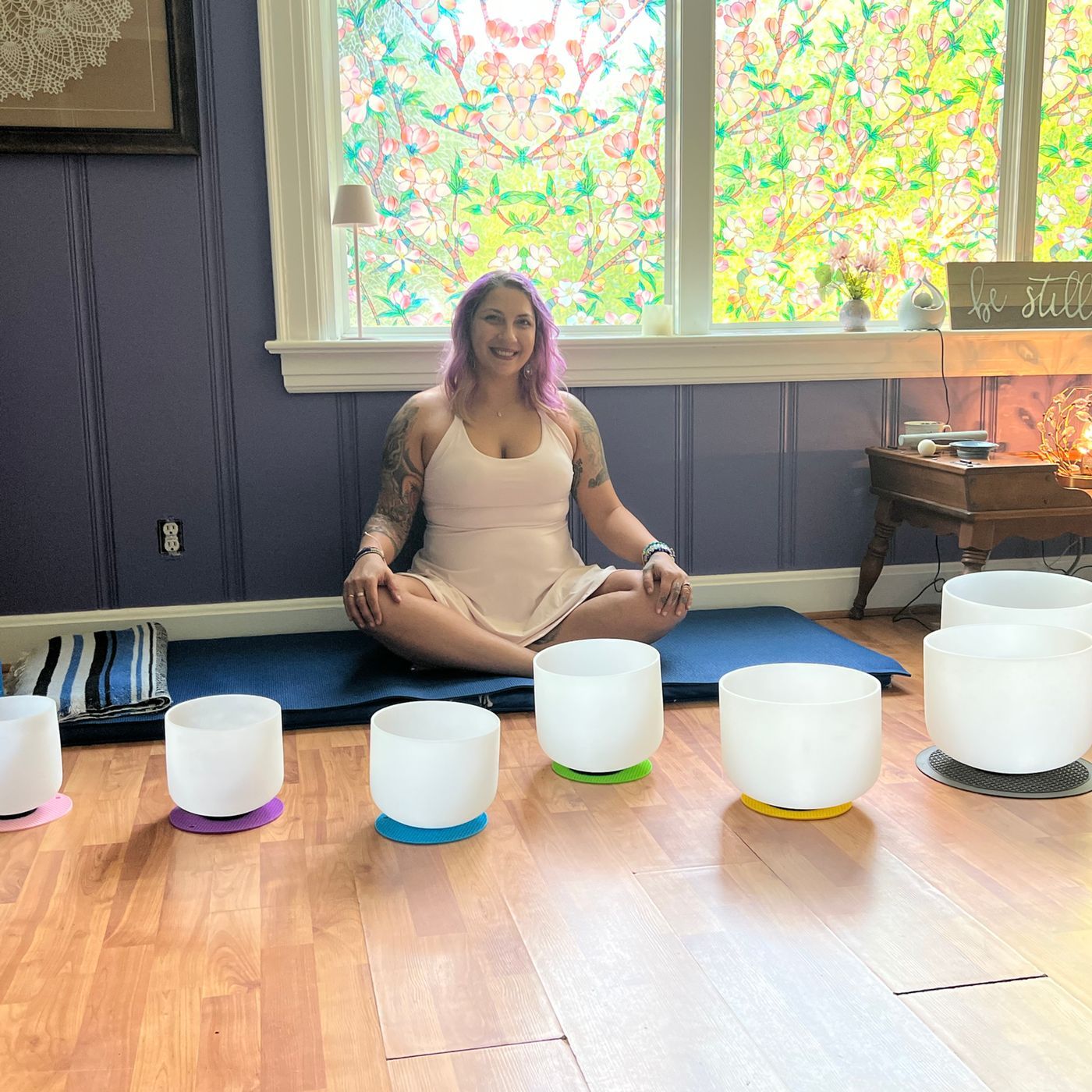 Sound bath bowls in the yoga room at The Retreat